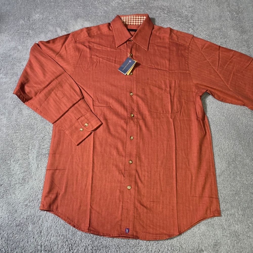 Henry Jacobson Mens M Button Up Shirt Rust Orange Herringbone Cotton Long Sleeve